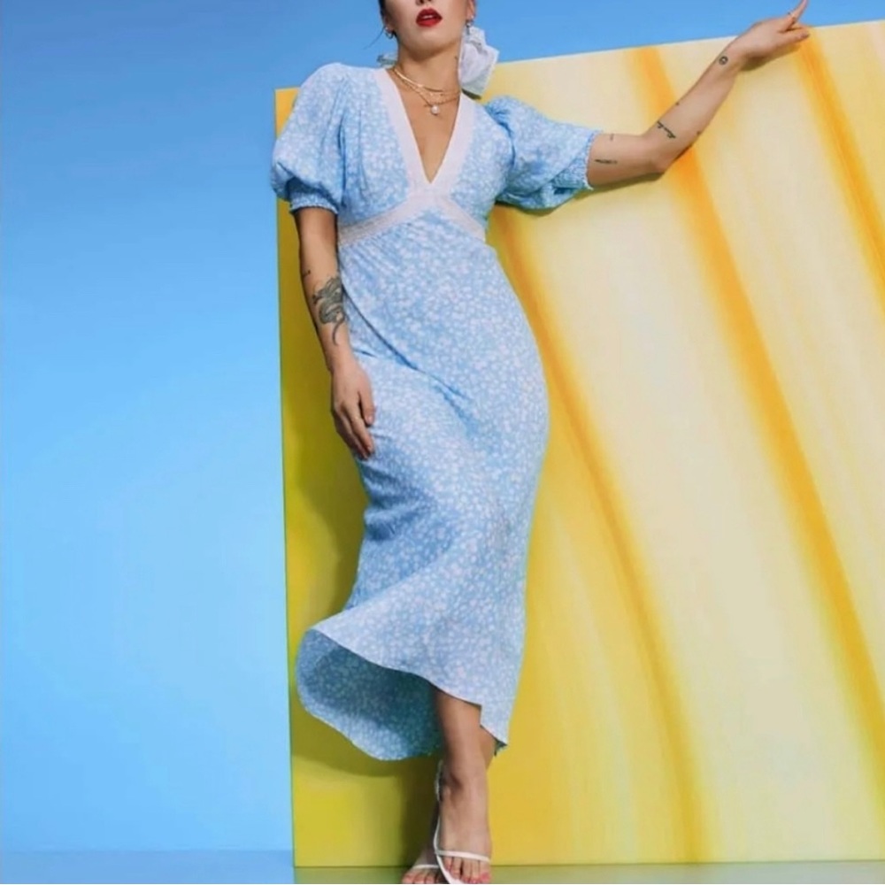 Rixo for Target - Blue Floral Puff Sleeve Lace Inset Midi Dress